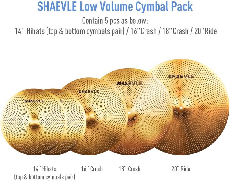 Shaevle Low Volume Cymbal Pack Golden Mute Cymbal 14"Hi-hat+16"Crash+18'Crash+20"Ride Quiet Drum Cymbal Pack for Practice - Image 2